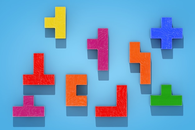 Photo logical thinking concept. different colorful shapes wooden blocks on a blue background. 3d rendering