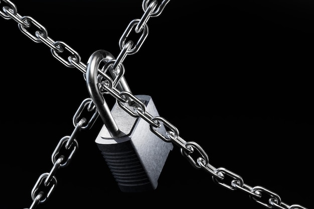 Login is not allowed intertwined iron chains with a padlock on a black background 3D render