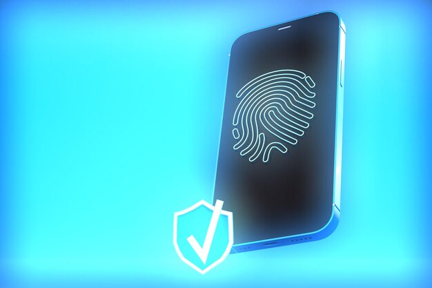 Login to the smartphone system Smartphone with biometric fingerprint and tick successful operation 3D render