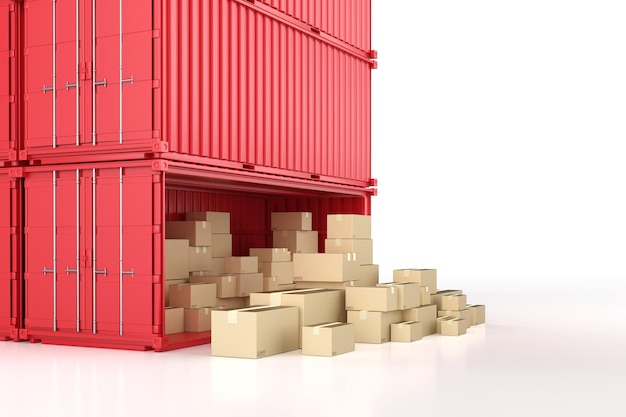 Logistic business with heap of carton boxes or cardboard boxes in red container