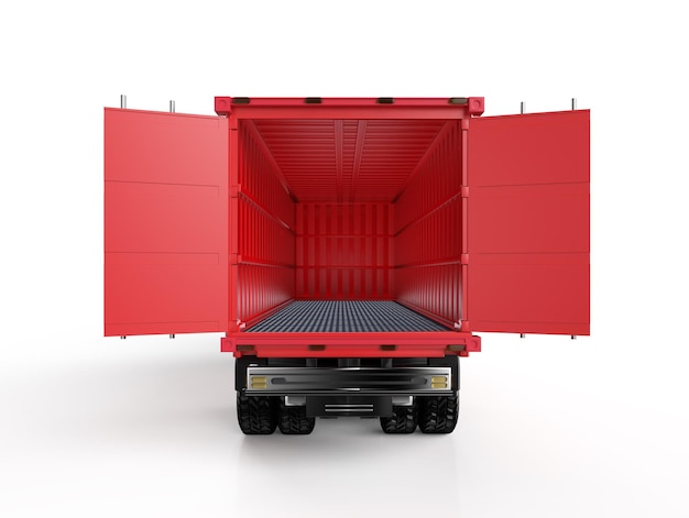 Logistic trailer truck or lorry with empty container open on white background