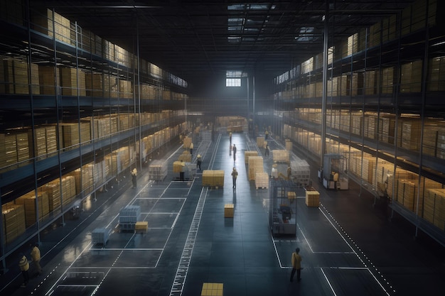 Logistical efficiency men and women coordinated in a modern warehouse generative IA