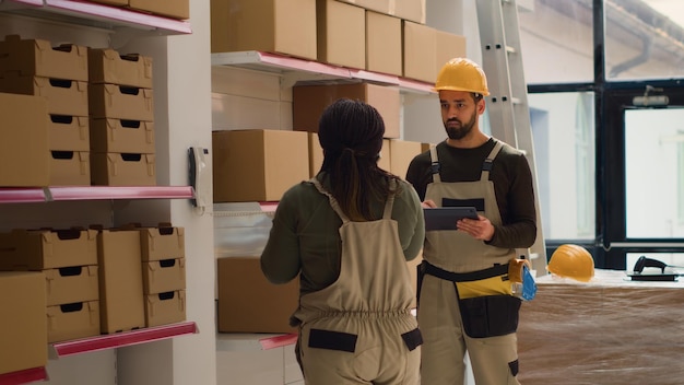 Logistics director and warehouse laborer preparing orders for delivery, talking with management on the phone asking for shipping info in stockroom while scanning labels on parcels