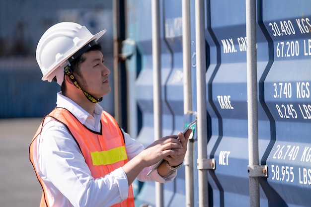 Logistics engineer control at the port, loading containers for trucks  export and importing logistic