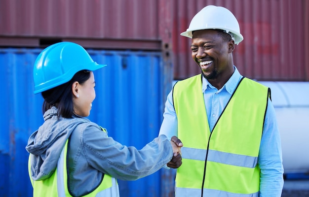 Logistics handshake and shipping worker welcome boss at supply chain export and international trade port Distribution workers with b2b meeting and thank you for teamwork collaboration and trust