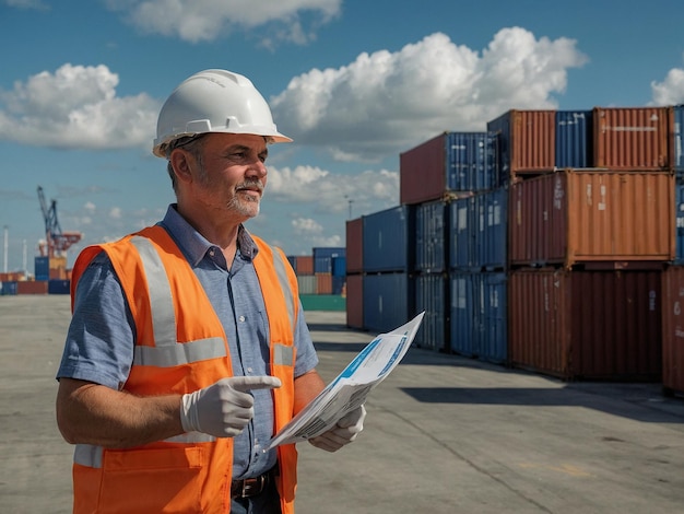 Photo logistics manager in orange vest and white helmet holding brochure at shipping port with stacked containers in background representing supply chain management and maritime operations