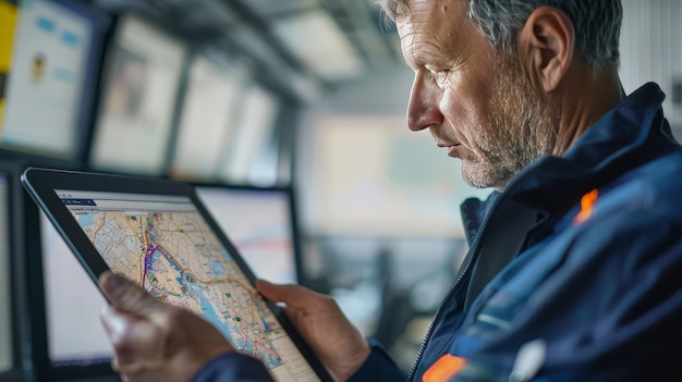 Photo logistics manager reviewing a map on a digital tablet in a control room