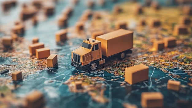 Photo logistics and supply chain concept with toy truck and boxes on world map