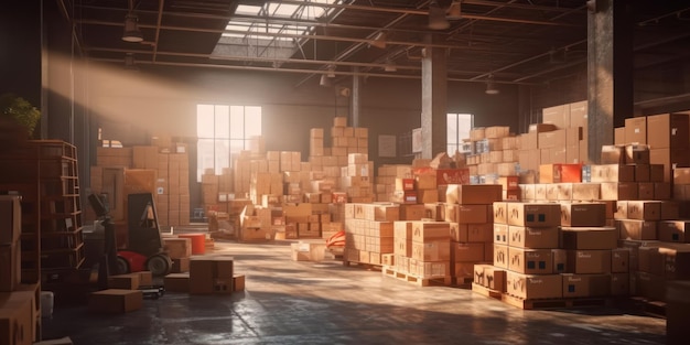 Logistics Warehouse full of Cardboard Boxes Sorting Distribution for Delivery Service Generative Ai