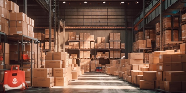 Logistics Warehouse full of Cardboard Boxes Sorting Distribution for Delivery Service Generative Ai