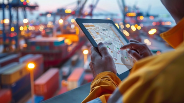 Photo logistics worker managing cargo shipment with a tablet at a busy commercial shipping port at dusk