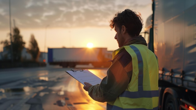 Logistics worker in a safety road vest writing in his checklist near the truck early in the morning