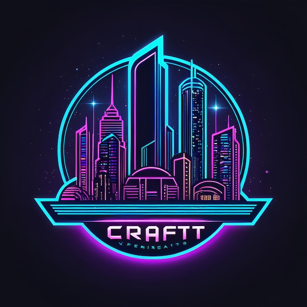 a logo featuring futuristic cityscapes and neon lights