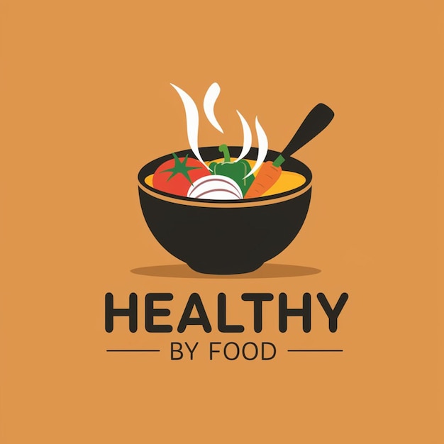 A logo for healthy food with a bowl of food in the background