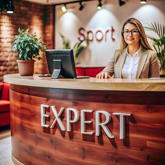 logo mockup on receptionist desk text expert