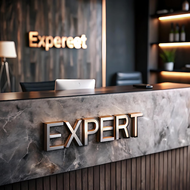 Photo logo mockup on receptionist desk text expert