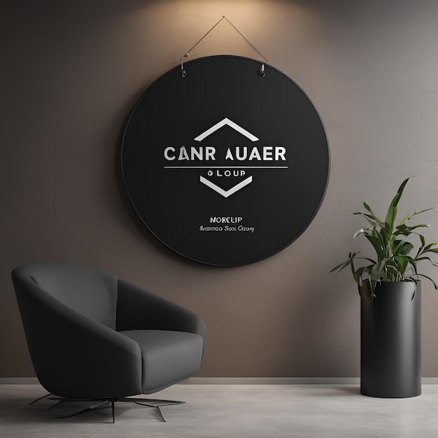 Photo logo mockup on wall black hang sign realistic coloring image