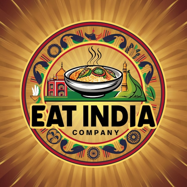 A logo named eat india company with picture including spicy foods