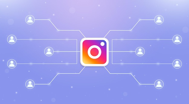 Logo of the social network Instagram with a united system of users around 3d