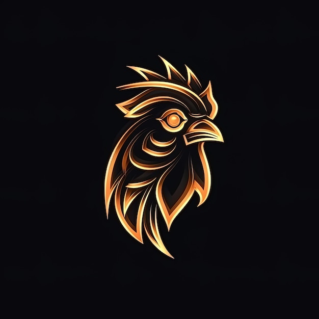 A logo with a rooster on it that is gold and black