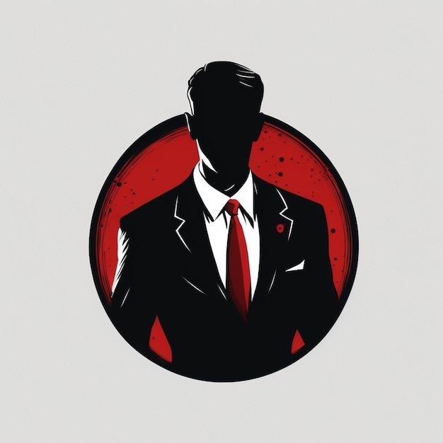 Logo with the silhouette of a man in a black suit and red tie