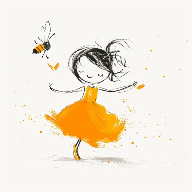 Photo a logo of a young girl 5 years old in an orange dress dancing joyfully holding hands with a styliz