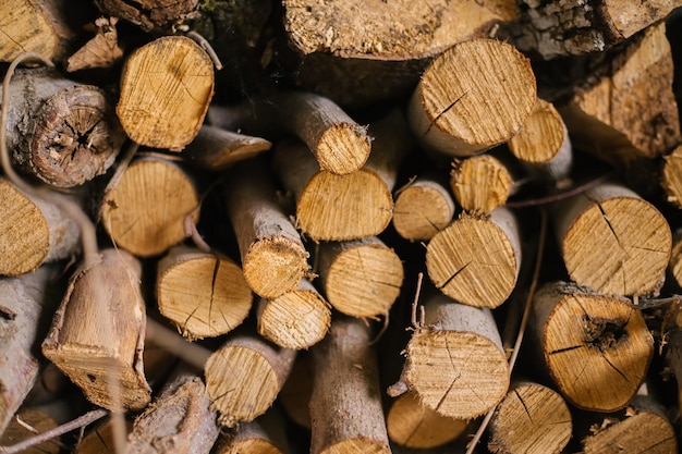 Logs stacked on top of each other Firewood for kindling Background and texture Cut and crosssection of the tree