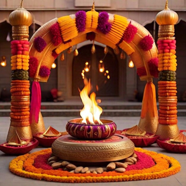 Lohri Celebration with Colorful archway with fire pit and flowers