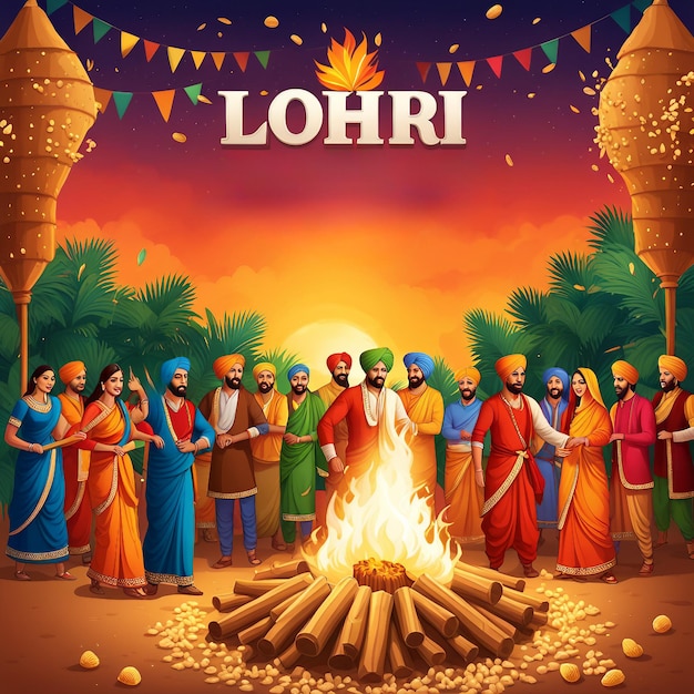 lohrifestivalvectorposterrealisticbonfirecenterstagesurroundedbytraditionalpunjabi