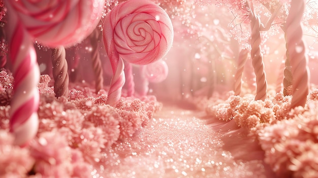 Lollipop forest with candy flowers and a sugar crystal pathway with ample copy space