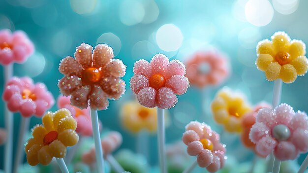 Lollipop garden with flowers made of colorful candies with a softfocus background