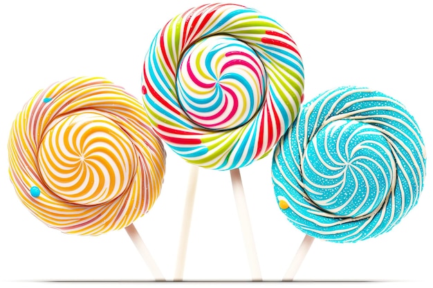 Lollipops with white chocolate in variegated bright colors isolated on white background