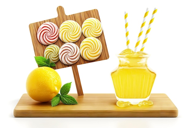 Lollipops on wooden board and jar of lemon juice isolated on white background