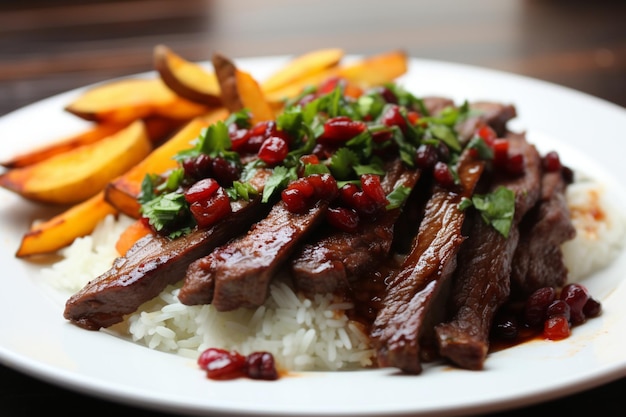 Photo lomo saltado with tangy cranberries yummy delicious lomo saltado food image photography