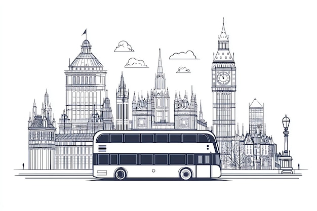 Photo london cityscape with double decker bus city landscape sketch black and white