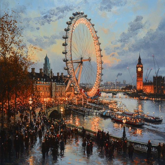 Photo london eye with a bustling evening scene