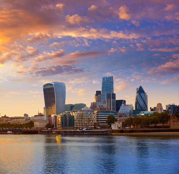 London financial district skyline sunset