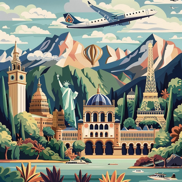 London Travel Illustration with Big Ben and Airplane