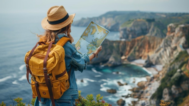 Photo a lone adventurer equipped with a map and backpack gazes out at the rugged coastal landscape