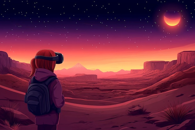 Photo a lone adventurer explores a remote otherworldly canyon at twilight wearing a vr headset creating a