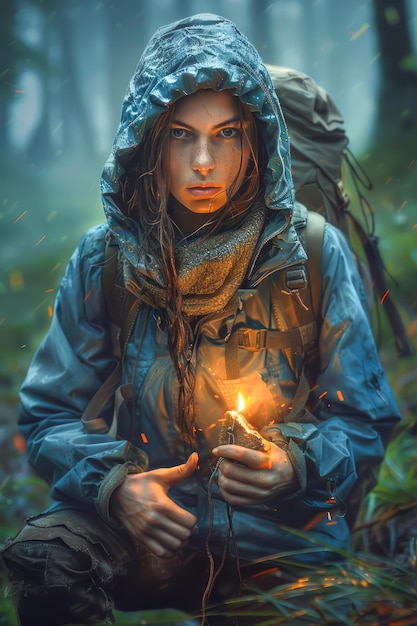 Lone Adventurer in Mystical Forest Holding a Flame Young Woman Explorer with Hood in Rainy Woods