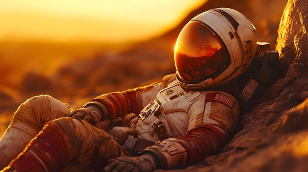 Photo a lone astronaut rests on a red planet at sunset