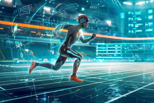 Photo a lone athlete runs through a digital tunnel showcasing futuristic sports technology a futuristic depiction of sports technology and advancements in training methods