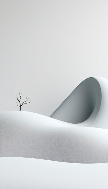 Photo a lone bare tree stands in a snowy landscape with a curved rolling hill in the background