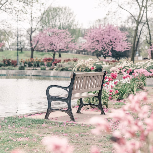 Photo a lone bench in a park with pink blossoms