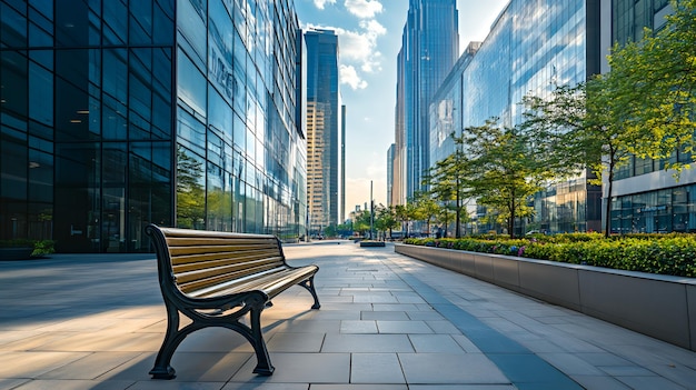 Photo a lone bench sits on a paved walkway outside a row of modern office buildings in a city setting