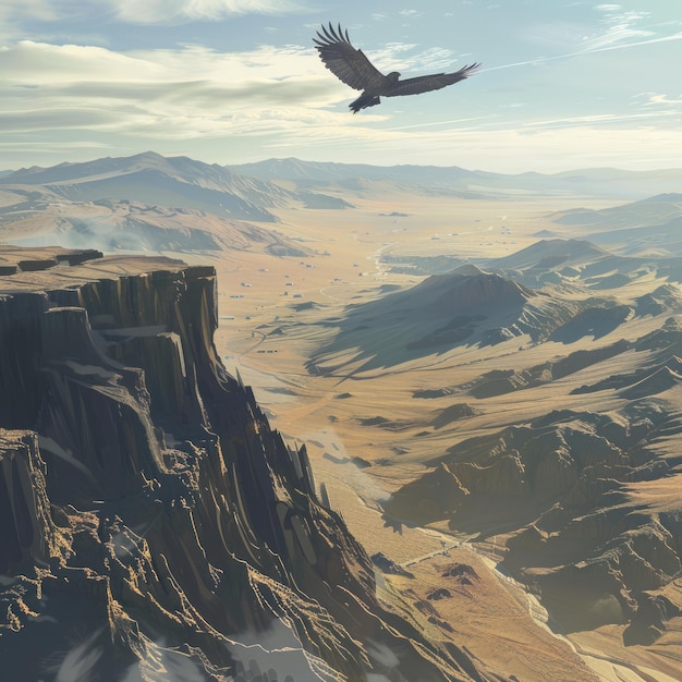 Photo a lone bird soars over a vast desert landscape revealing a small settlement in the distance