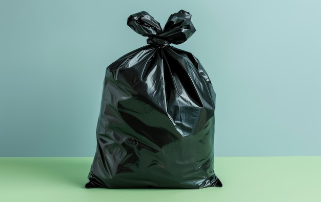 A lone black garbage bag tied up symbolizing waste disposal