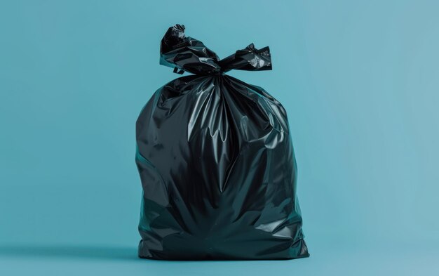 A lone black garbage bag tied up symbolizing waste disposal