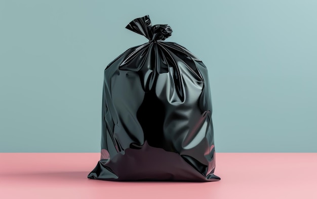 A lone black garbage bag tied up symbolizing waste disposal